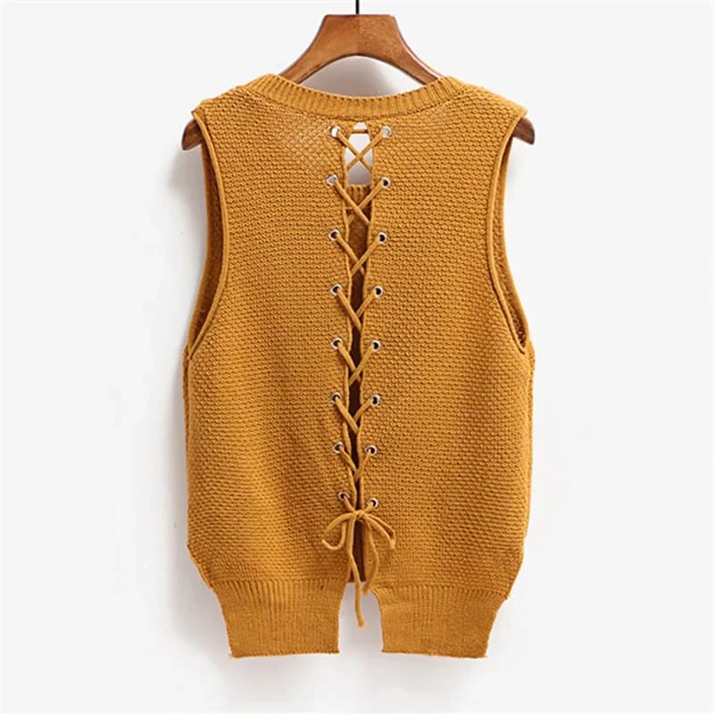 Round Neck Short Front Long Sweater Vest Women College Style Loose Large Size Casual Knitted Sweater Vest Pullover Female Spring