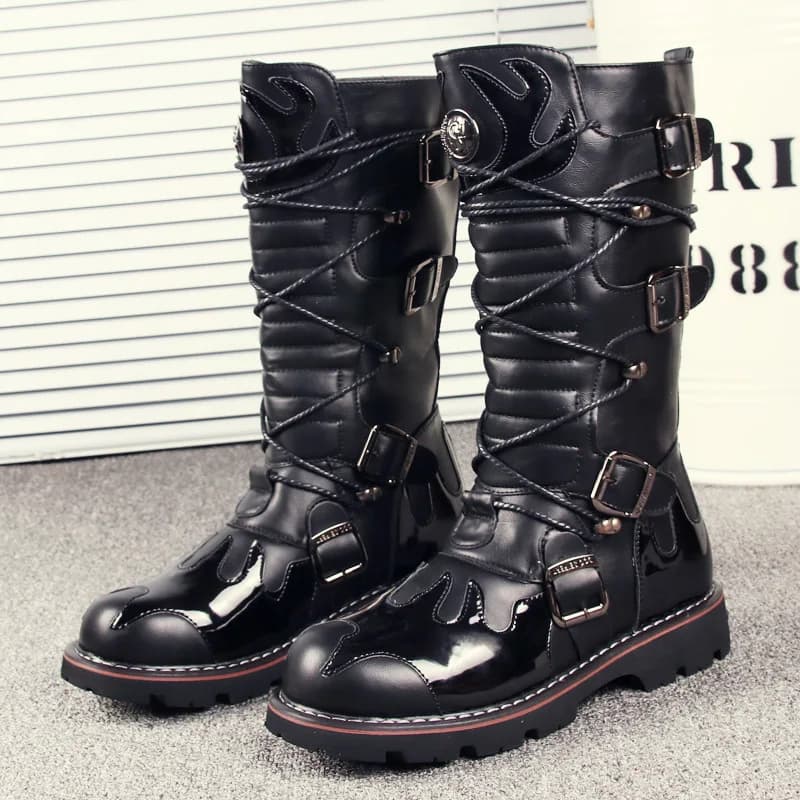 Genuine Leather Men's Motorcycle Boots Knee High Punk Tactical Tactical Boots Winter Snow Boots New Male Rock Half Boots