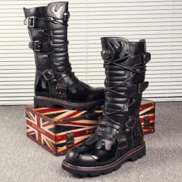 Genuine Leather Men's Motorcycle Boots Knee High Punk Tactical Tactical Boots Winter Snow Boots New Male Rock Half Boots