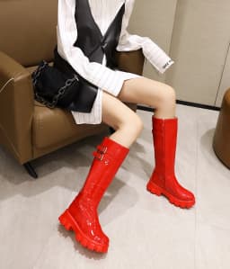 Double-Breasted Shiny Patent Leather Women's Knee-Length Boots Flat-Bottomed Platform With Plush Lining Long Boots 2022