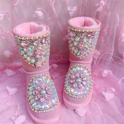 Sweet Pink Gemstone Pearl Beads Snow Boots Ladies Bling Diamond Flat Warm Plush Slip On Winter Booties