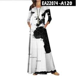 Casual O-Neck Loose Women Long Dress Spring Vintage Long Sleeve Cross-Border New World Map Pattern Dresses Elegant Maxi Vestidos