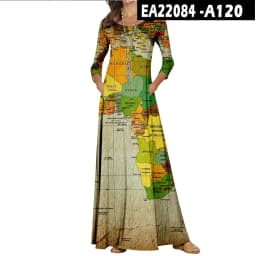 Casual O-Neck Loose Women Long Dress Spring Vintage Long Sleeve Cross-Border New World Map Pattern Dresses Elegant Maxi Vestidos