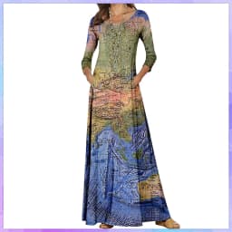 Casual O-Neck Loose Women Long Dress Spring Vintage Long Sleeve Cross-Border New World Map Pattern Dresses Elegant Maxi Vestidos