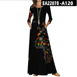 Casual O-Neck Loose Women Long Dress Spring Vintage Long Sleeve Cross-Border New World Map Pattern Dresses Elegant Maxi Vestidos