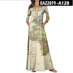 Casual O-Neck Loose Women Long Dress Spring Vintage Long Sleeve Cross-Border New World Map Pattern Dresses Elegant Maxi Vestidos