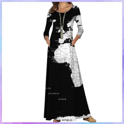 Casual O-Neck Loose Women Long Dress Spring Vintage Long Sleeve Cross-Border New World Map Pattern Dresses Elegant Maxi Vestidos