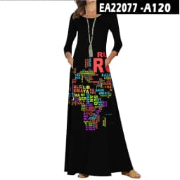 Casual O-Neck Loose Women Long Dress Spring Vintage Long Sleeve Cross-Border New World Map Pattern Dresses Elegant Maxi Vestidos