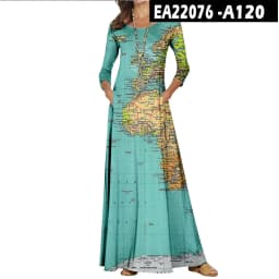 Casual O-Neck Loose Women Long Dress Spring Vintage Long Sleeve Cross-Border New World Map Pattern Dresses Elegant Maxi Vestidos