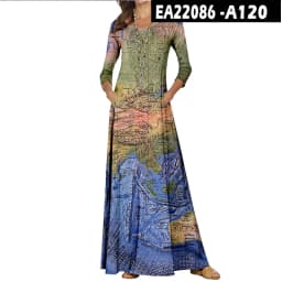 Casual O-Neck Loose Women Long Dress Spring Vintage Long Sleeve Cross-Border New World Map Pattern Dresses Elegant Maxi Vestidos