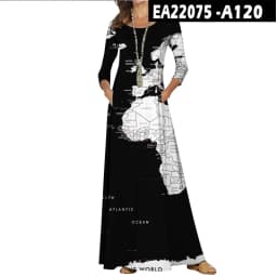 Casual O-Neck Loose Women Long Dress Spring Vintage Long Sleeve Cross-Border New World Map Pattern Dresses Elegant Maxi Vestidos