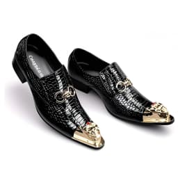 Men's Black Genuine Leather Snake‑Embossed Pointed‑Toe Dress Shoes Dragon Head Decor Luxury Trendy Footwear For Summer Business