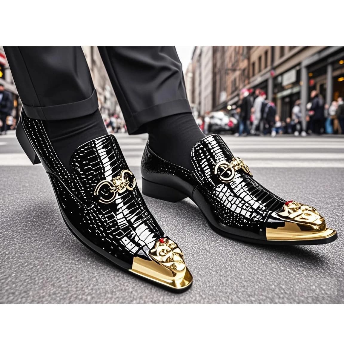 Men's Black Genuine Leather Snake‑Embossed Pointed‑Toe Dress Shoes Dragon Head Decor Luxury Trendy Footwear For Summer Business