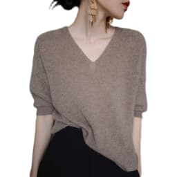 Knitted cashmere short sleeve women loose sleeves T-shirt jacket spring and autumn V-neck head slimming wool half sleeve