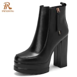 2021 Autumn Winter Women's High Heeled Thick Platform Ankle Boots with Zipper Mixed Colors Motorcycle Ladies Shoes Beige Black