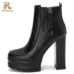 2021 Autumn Winter Women's High Heeled Thick Platform Ankle Boots with Zipper Mixed Colors Motorcycle Ladies Shoes Beige Black