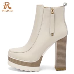 2021 Autumn Winter Women's High Heeled Thick Platform Ankle Boots with Zipper Mixed Colors Motorcycle Ladies Shoes Beige Black