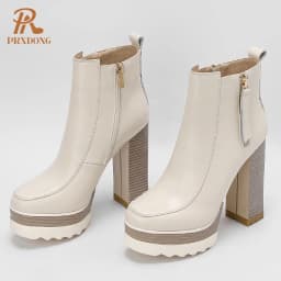 2021 Autumn Winter Women's High Heeled Thick Platform Ankle Boots with Zipper Mixed Colors Motorcycle Ladies Shoes Beige Black