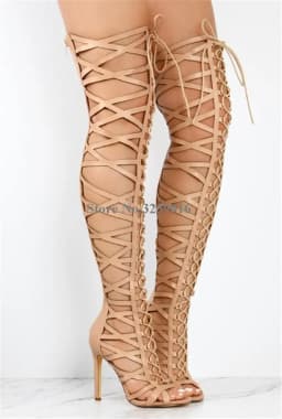 Lace-up Straps Cross Over Knee Boots Gladiator Women Summer Sexy Cut-out Super High Heel Thigh Long Sandal Boots Dress Shoes