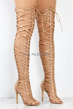 Lace-up Straps Cross Over Knee Boots Gladiator Women Summer Sexy Cut-out Super High Heel Thigh Long Sandal Boots Dress Shoes
