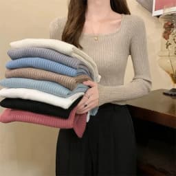 Lucyever 2025 Basic Square-neck Solid Pullover Women High Quality Slim Fit Casual Knitted Sweater Spring Long Sleeve Sweaters