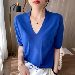 100% cotton thread low V-neck sweater loose plus size five-point short-sleeved summer top T-shirt