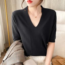 100% cotton thread low V-neck sweater loose plus size five-point short-sleeved summer top T-shirt