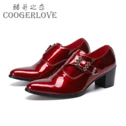 Men's High Heel Cowhide Dress Shoes, Metal Buckle Round Toe Thick Heel Height Increasing Shoes, Autumn Catwalk Singer Stage Perf
