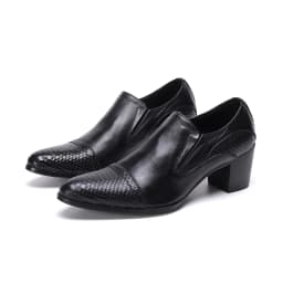 Men's High Heel Cowhide Dress Shoes, Metal Buckle Round Toe Thick Heel Height Increasing Shoes, Autumn Catwalk Singer Stage Perf