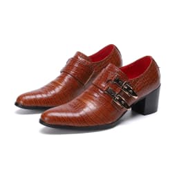 Men's High Heel Cowhide Dress Shoes, Metal Buckle Round Toe Thick Heel Height Increasing Shoes, Autumn Catwalk Singer Stage Perf