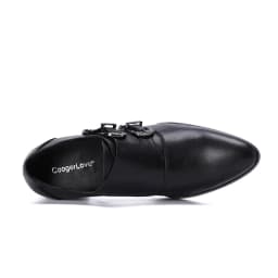 Men's High Heel Cowhide Dress Shoes, Metal Buckle Round Toe Thick Heel Height Increasing Shoes, Autumn Catwalk Singer Stage Perf