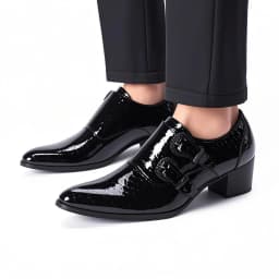 Men's High Heel Cowhide Dress Shoes, Metal Buckle Round Toe Thick Heel Height Increasing Shoes, Autumn Catwalk Singer Stage Perf