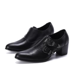 Men's High Heel Cowhide Dress Shoes, Metal Buckle Round Toe Thick Heel Height Increasing Shoes, Autumn Catwalk Singer Stage Perf
