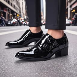 Men's High Heel Cowhide Dress Shoes, Metal Buckle Round Toe Thick Heel Height Increasing Shoes, Autumn Catwalk Singer Stage Perf