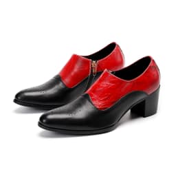 Men's High Heel Cowhide Dress Shoes, Metal Buckle Round Toe Thick Heel Height Increasing Shoes, Autumn Catwalk Singer Stage Perf