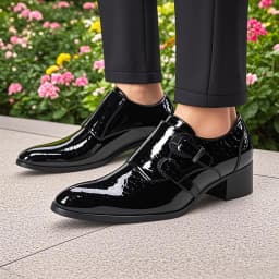 Men's High Heel Cowhide Dress Shoes, Metal Buckle Round Toe Thick Heel Height Increasing Shoes, Autumn Catwalk Singer Stage Perf