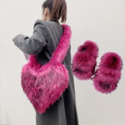 Luxury Fluffy Faux Fur Heart Shape Bag With Slippers For Women Raccoon Brown Teddy Bear Fox Fur Slides Heart Bag Sets Girls