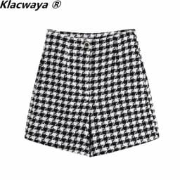 Klacwaya 2021 Women Two-Piece Set Vintage V Neck No Buckle Plaid Textured Blazer Jacket Female High Waist Shorts Elegant Suit