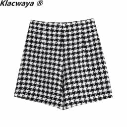 Klacwaya 2021 Women Two-Piece Set Vintage V Neck No Buckle Plaid Textured Blazer Jacket Female High Waist Shorts Elegant Suit