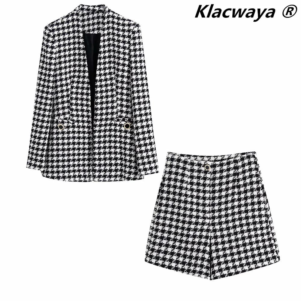 Klacwaya 2021 Women Two-Piece Set Vintage V Neck No Buckle Plaid Textured Blazer Jacket Female High Waist Shorts Elegant Suit