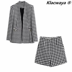 Klacwaya 2021 Women Two-Piece Set Vintage V Neck No Buckle Plaid Textured Blazer Jacket Female High Waist Shorts Elegant Suit
