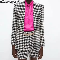 Klacwaya 2021 Women Two-Piece Set Vintage V Neck No Buckle Plaid Textured Blazer Jacket Female High Waist Shorts Elegant Suit