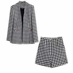 Klacwaya 2021 Women Two-Piece Set Vintage V Neck No Buckle Plaid Textured Blazer Jacket Female High Waist Shorts Elegant Suit