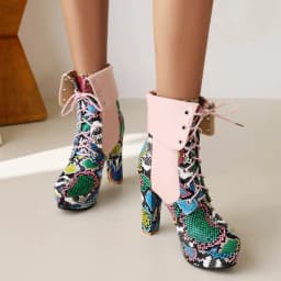 Flanging Snakeskin Pattern High Thick Heel Sexy Women's Short Boots Platform Cross Straps Color Matching Large Size Ankle Boots