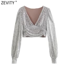 Zevity Women Sexy Deep V Neck Short Sequined Smock Blouse Lady Chic Pleats Puff Sleeve Party Wear Crop Shirts Blusas Tops LS9954