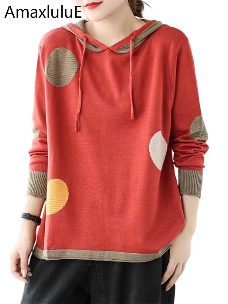 Amax luluE 2024 Winter Women Loose Patchwork Sweaters European Style Ladies Casual Hooded Design Jumpers Vintage Street Pullover