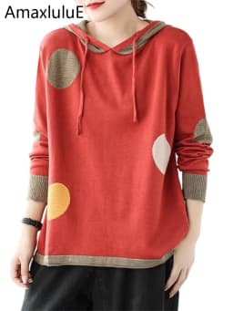 Amax luluE 2024 Winter Women Loose Patchwork Sweaters European Style Ladies Casual Hooded Design Jumpers Vintage Street Pullover