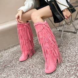 2022 Spring New High-Heeled V-Neck Fringed Women's Boots Round Toe Waterproof Fashion Sexy Fashion Set Of Feet Princess Boots