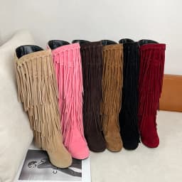 2022 Spring New High-Heeled V-Neck Fringed Women's Boots Round Toe Waterproof Fashion Sexy Fashion Set Of Feet Princess Boots