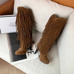 2022 Spring New High-Heeled V-Neck Fringed Women's Boots Round Toe Waterproof Fashion Sexy Fashion Set Of Feet Princess Boots